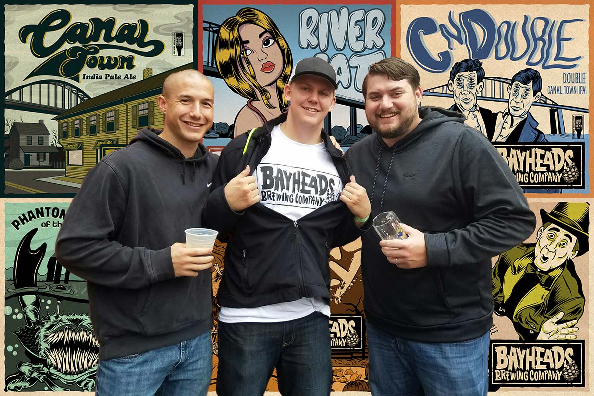 Jason, Bill and Charlie with photos of their beers in the background.